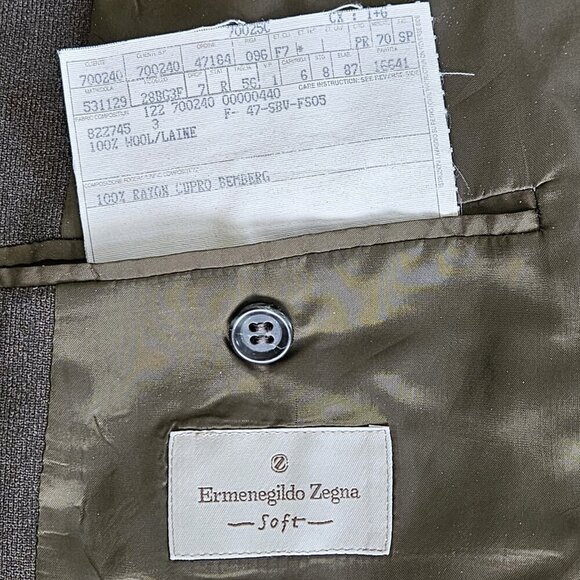 Ermenegildo Zegna Suit Blazer Trousers Men 56R  Soft Line Olive Wool Spain FLAW - Picture 3 of 16